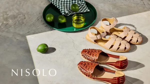 Still life image of sandals for Nisolo with prop styling by Cecilia Elguero, represented by Pat Bates & Associates, a top artist agency in the retail fashion brand sector.