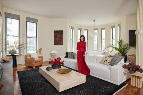 RHONY star Jessel Taank in her redecorated living room for CB2's Design Desk. On-set art direction by Elizabeth MacLennan, represented by Pat Bates & Associates, a leading photography agency in the home brand sectors.