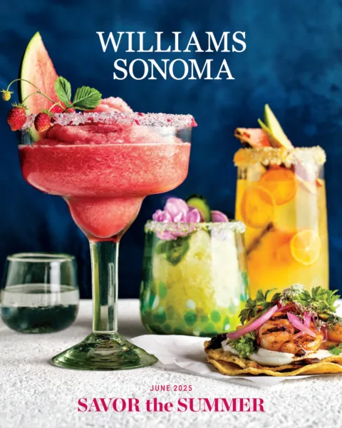 Still image of colorful blended cocktails for Williams Sonoma summer catalog with prop styling by Elkie Brown, represented Pat Bates & Associates, best photography agency in the commercial advertising and retail home brand sector.