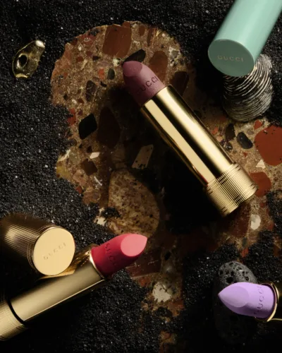 Still life beauty image with Gucci lipsticks by photographer Janelle Jones, represented by Pat Bates & Associates, a leading photography agency in the beauty brand sector.