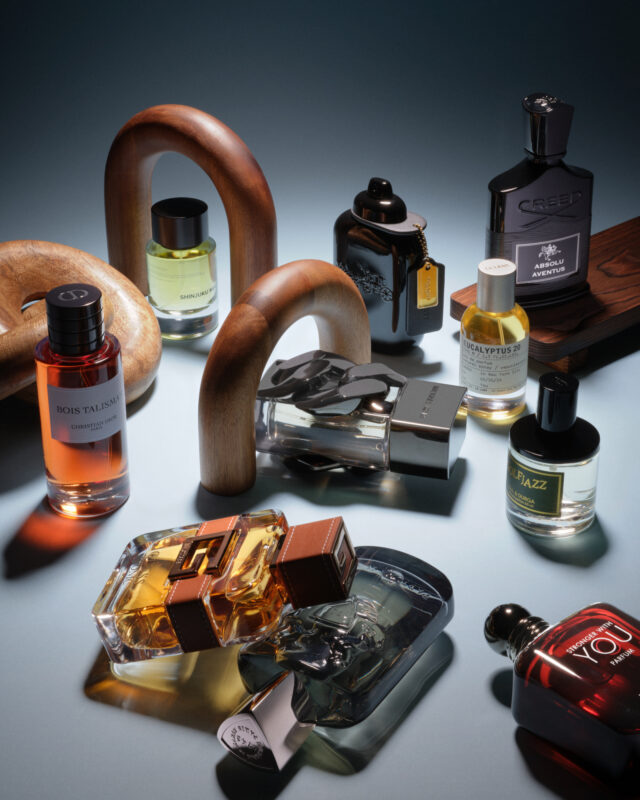 Still life image of trending mens fragrances for Beauty Inc by photographer Janelle Jones, represented by Pat Bates & Associates, a premier photo and artist agency in the beauty and wellness sector.