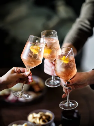Lifestyle still image of people toasting glassware for Crate & Barrel with prop styling by Lynsey Fryers, represented by Pat Bates & Associates, a premier photo and artist agency in the retail home brand sector.